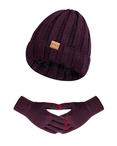 Womens Winter Beanie Warm Hat Touchscreen Gloves Set with Fleece Lined Skull Caps Gifts for Women Men - color: Wine Red