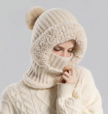 Womens Knit Beanie Hat Fleece Lined Winter Scarf Mask Set Snow Caps Plush Earmuff Skull Hats with Pompom - color: Beige