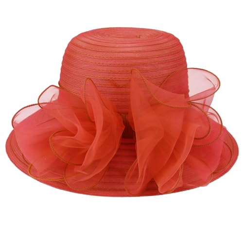 DRESHOW Lady Derby Dress Church Bowler Cloche Hat Bowknot Organza Bridal Cap for Wedding - color: 1 Pc: Red