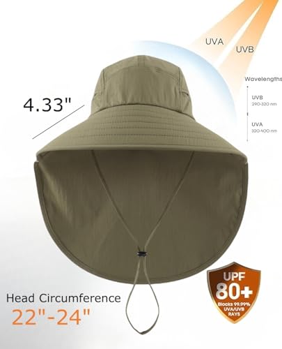 Home Prefer UPF 80+ Sun Hat for Men Women Wide Brim Sun Hat with Neck Flap Summer Beach UV Protection Gardening Fishing Hat - color: Army Green