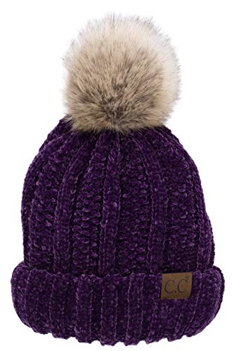 C.C Thick Cable Knit Faux Fuzzy Fur Pom Fleece Lined Skull Cap Cuff Beanie - color: Chenille Purple