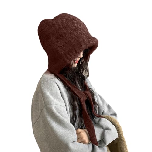 LumiSyne Winter Wool Knitted Hat Adjustable Drawstring Dual Purpose Earflap Hat and Knitted Bag Slouch Beanie Baggy Skull Cap - color: Dark Coffee