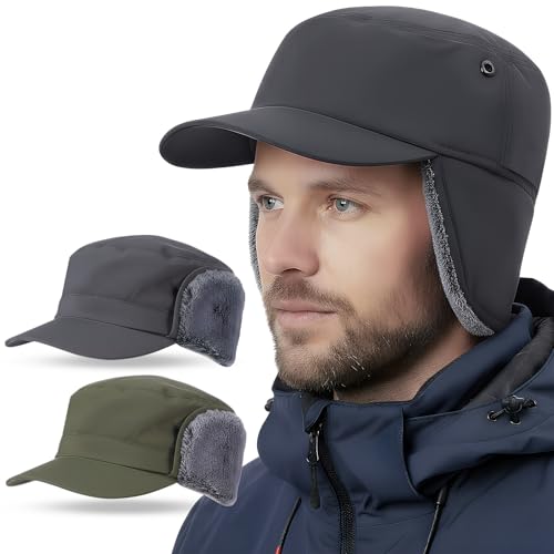 Men's Waterproof Winter Hat with Visor - color: Grey Green