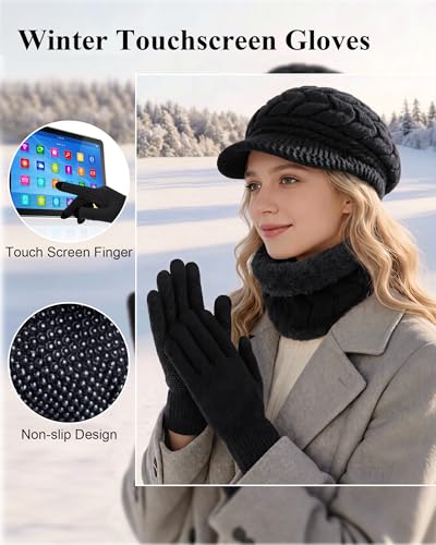 Loritta 3 in 1 Womens Winter Hat Gloves Scarf Set, Warm Hat Mittens - color: A-black