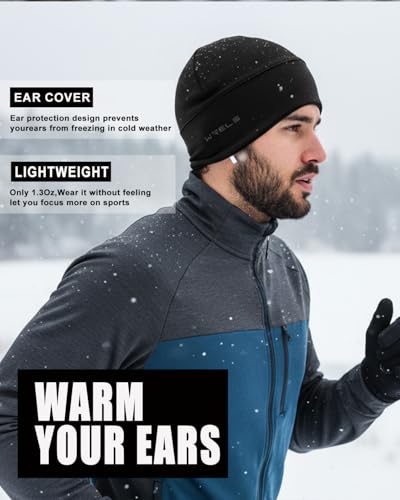WRELS Thermal Running Skull Cap with Ear Flaps - Winter Hat for Men & Women, Windproof Athletic Beanie Helmet Liner - color: Men-black