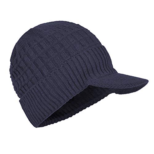 Women's Soft Knitting Visor Beanie Winter Hat with Brim Fleece Lining Baseball Cap - color: Blue