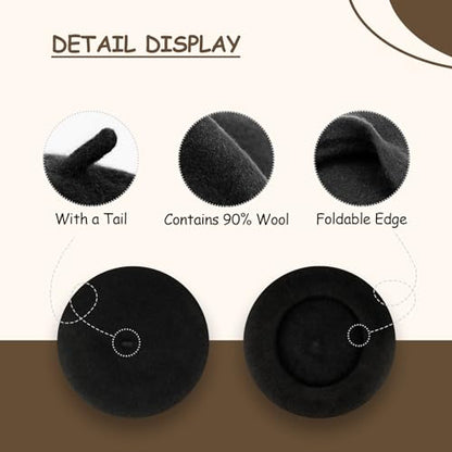 Gllutt Women Wool Beret Hat French Style Solid Color - color: Black