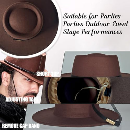 Fedora Hat for Men and Women, Wide Brim Flat Top Cap - color: Khaki