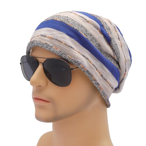 ZLYC Cotton Thin Slouchy Beanie Hat for Men Women Stretch Skull Cap - color: Stripes Blue, size: One Size
