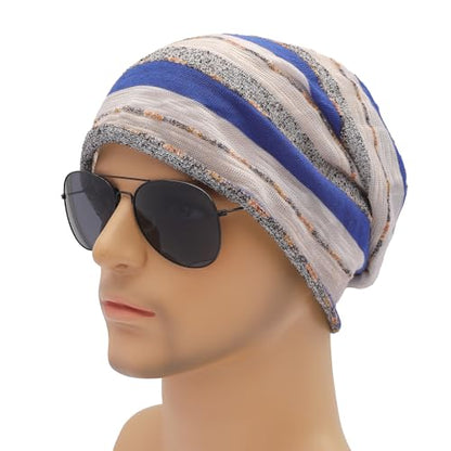 ZLYC Cotton Thin Slouchy Beanie Hat for Men Women Stretch Skull Cap - color: Stripes Blue, size: One Size