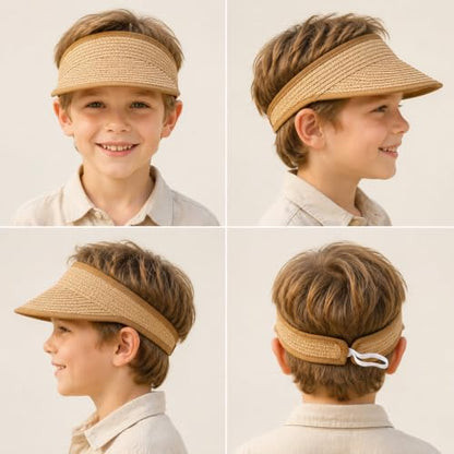 Straw Sun Visor Hat for Girls Boys Foldable Beach Hat for Kids Summer Travel Outdoor Khaki