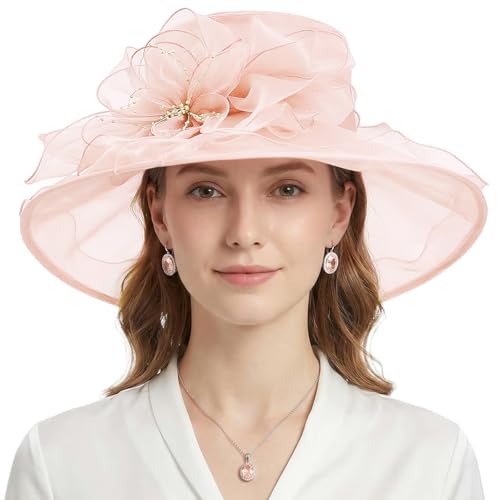 AQOKKA Women Organza Church Fascinators Kentucky Derby Hats for Women and Girls Wedding Flower Tea Party Hat with Wide Brim - color: Flesh Pink