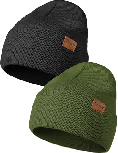 Beanie Hats for Men Women Knit Winter Hat, Warm Skull Stocking Cap, Striped Snow Hat Heated Cuffed Beanie - color: 2p-black+army Green