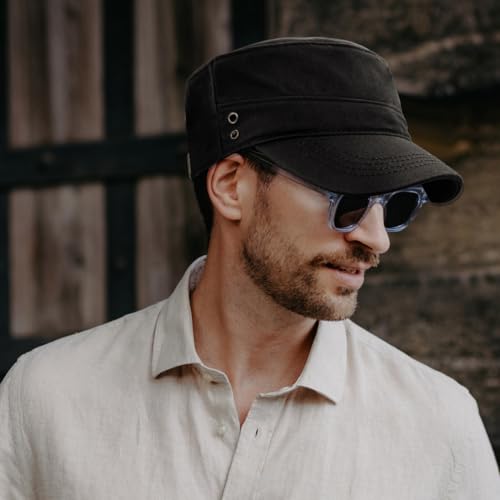 Men's Military Cadet Hat Flat Top Newsboy Cap - color: Black