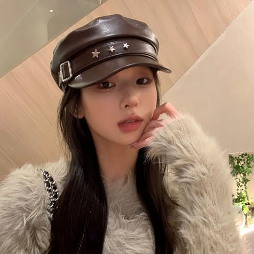 BOLLEY JOSS Womens Fashion Newsboy Cap Faux Leather Bakerboy Hat Stars Buckle Beret Paperboy Fiddler Captain Sailor Hats - color: Brown