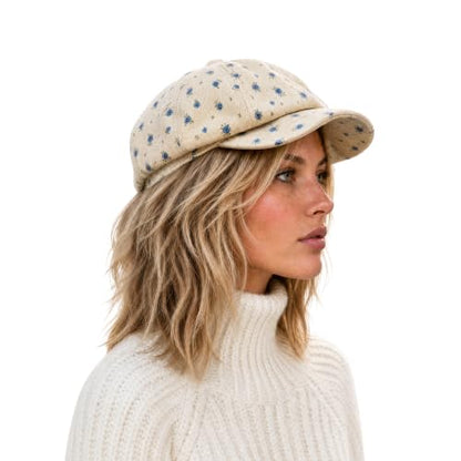 C.C Knitted Newsboy Cap for Women – Soft Knit Hat with Adjustable Velcro, Lightweight Warm Winter Style - color: Cotton Flower-beige