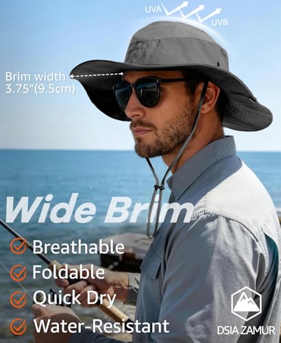 Wide Brim Sun Hat for Men Women, UPF 50+ Waterproof Packable Bucket Boonie Safari Fishing Hat - color: Dark Grey