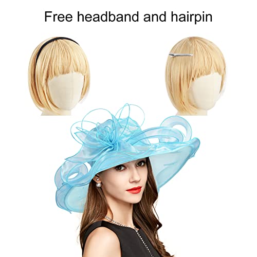 2026 Derby Hats for Women Ladies, Classy Organza Sun Hat, Church Tea Party Wedding Kentucky Fascinator Hat - color: C4062-light Blue