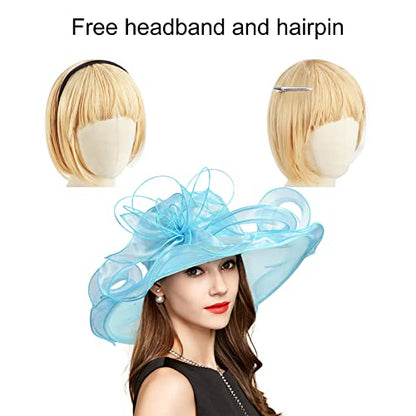 2026 Derby Hats for Women Ladies, Classy Organza Sun Hat, Church Tea Party Wedding Kentucky Fascinator Hat - color: C4062-light Blue