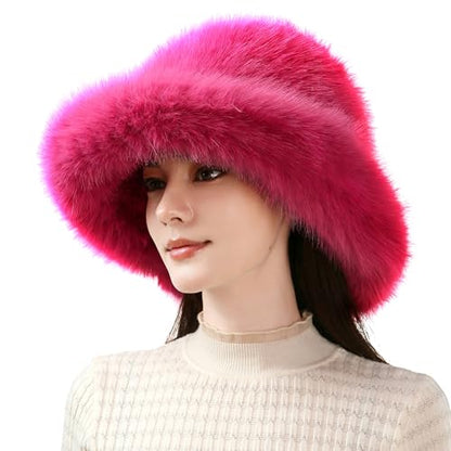 Dikoaina Faux Fur Bucket Hat for Women Girl – Oversized Brim, Super Soft & Fluffy Winter Hat - color: Rose Red