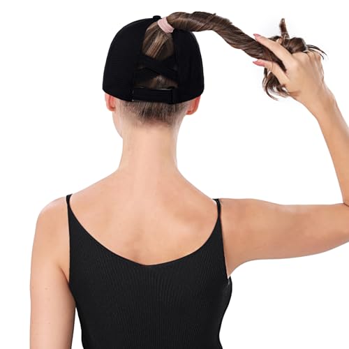 ZTL Womens High Ponytail Baseball Cap Performance Mesh Hat, Lightweight Quick Dry Race Day Running Hat with Reflective Trim - color: Black