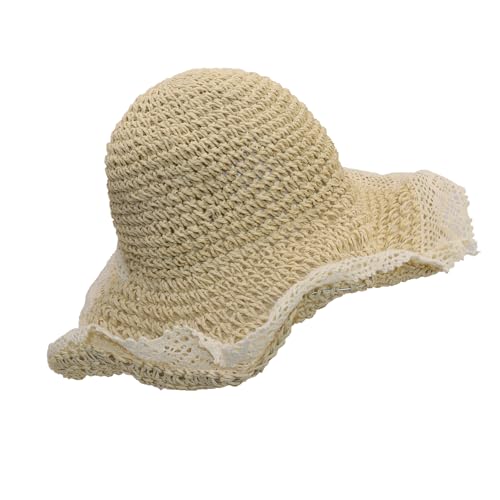 Ladies Wide Brim Beach Straw Hat Summer Vacation Sun Protection Hat Braided Lace Edge Hat Soft Foldable Lightweight - color: Beige