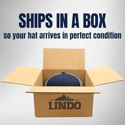LINDO Trucker Hat [ Great Outdoors Design ] for Men and Women: Mid Profile Cap with Breathable Mesh Back and Adjustable Snap - color: Blue