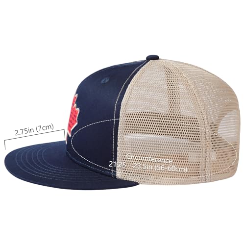 BASSDASH Flat Brim Trucker Cap Adjustable Snapback Hat Mesh Back for Men Women - color: Dark Blue Fish Maple