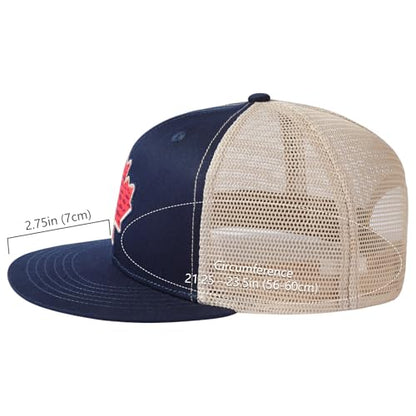 BASSDASH Flat Brim Trucker Cap Adjustable Snapback Hat Mesh Back for Men Women - color: Dark Blue Fish Maple