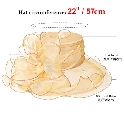 DRESHOW Women Organza Hat Church Cap Hats Clearance Kentucky Derby Cocktail Tea Party Wedding Flower Hat with Wide Brim - color: Bow Hat: Khaki