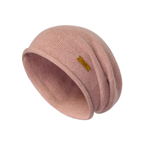 100% Merino Wool Slouchy Beanie Hat, Women Warm Winter Caps Soft, Ladies Breathable & Cozy Stretchy Knitted Skull Cap - color: Pink