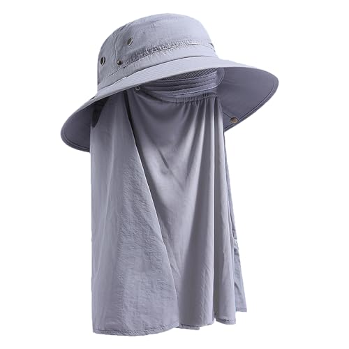 Plus Size XL XXL Sun Hats for Men Bucket Boonie UV Protection UPF50+ Waterproof Wide Brim Foldable Fishing Beach - color: Light Gray With Neck Flap Face Cover, size: Large-X-Large