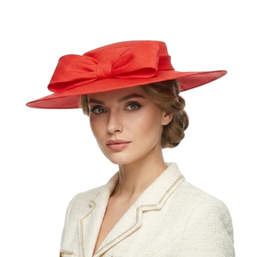 Fascinators Women Wide Brim 20s 50s Derby Pillbox Hat Bowknot Cocktail Tea Party Church Dress Hats - color: Red