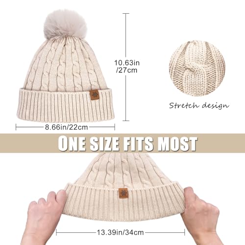 Winter Beanie Hats for Women Pom Pom Wool Cable Knit Thermal Fleece Warm Faux Fur Beanies for Cold Weather - color: Beige