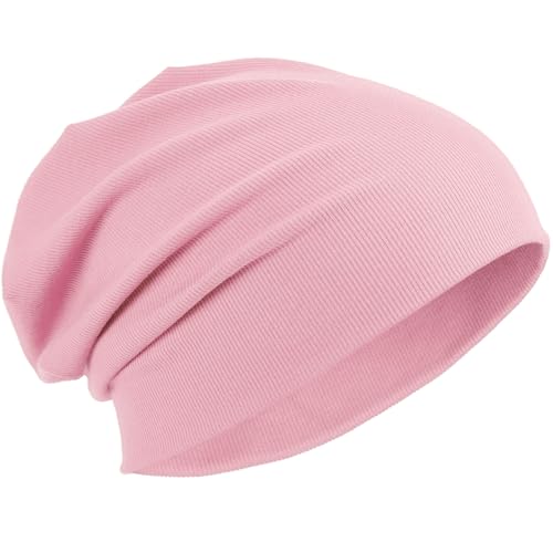 Slouchy Beanie for Women Men Thin Knit Winter Hat 93% Cotton Beanies - color: Pink