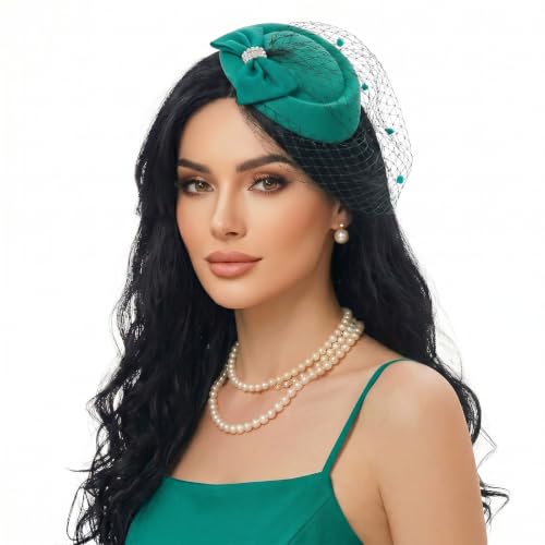 Fascinator Hat for Women Veil Fascinators Tea Party Wedding Retro Pillbox Hats for Cocktail Dresses Accessories - color: Peacock Green