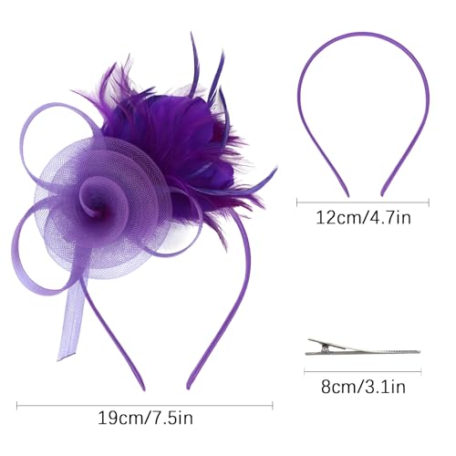AMCAMI Fascinators Hats with Feather for Women 2026 Derby Hats Small Tea Party Hat with Headband - color: Purple