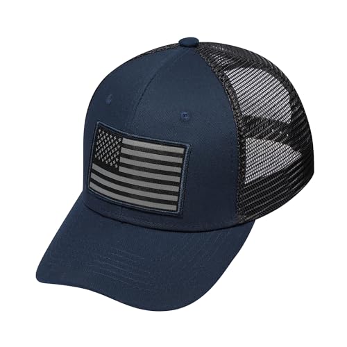 American Flag Trucker Hat, Patriotic Baseball Cap for Men & Women, Breathable Mesh Adjustable Snapback, USA Flag Patch - color: Navy/Black