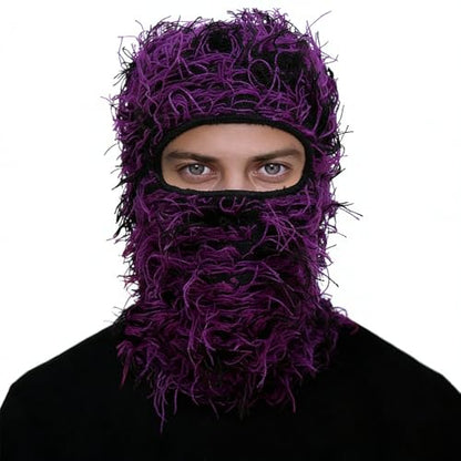 Distressed Ski Mask Balaclava, Yeat Shiesty Knitted Full-Face Mask - color: Purpleblack