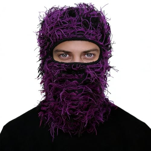 Distressed Ski Mask Balaclava, Yeat Shiesty Knitted Full-Face Mask - color: Purpleblack