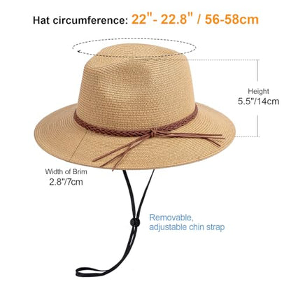 DRESHOW Women Straw Panama Hat Travel Fedora Beach Sun Hat Summer Wide Brim Straw Roll up Hat UPF 50+ - color: Khaki/Braided Rope a