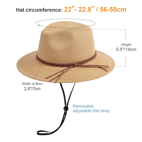 AQOKKA Summer Sun Hats for Women Straw Panama Hat with Wide Brim Roll Up Travel Fedora Beach Hat for Women Men UPF 50+ - color: Woven Rope : Khaki