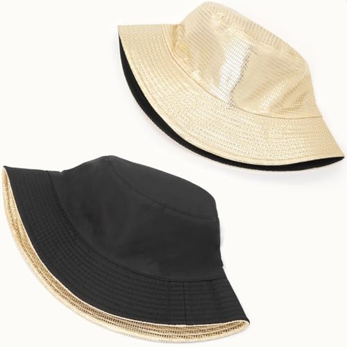 Shiny Metallic Bucket Hat Reversible Beach Fisherman Hats for Women Men - color: Gold a