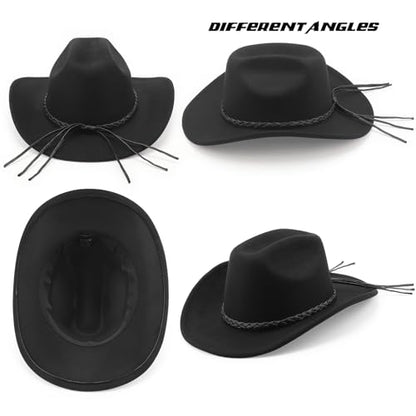 DRESHOW Western Cowboy Hat for Men Women Cowboy Cowgirl Hat Outdoor Wide Brim Retro Felt Fedora Hats Unisex Rolled up Caps - color: 1 Pack Style 8: Black