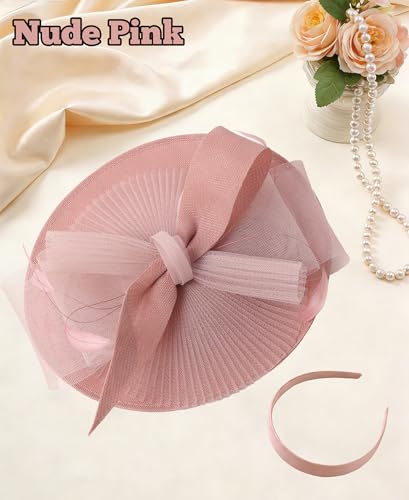 Kidukso Fascinators Hats for Women Derby Hats Tea Party Hat Mesh Headwear with Feather for Church Cocktail Wedding - color: Nude Pink