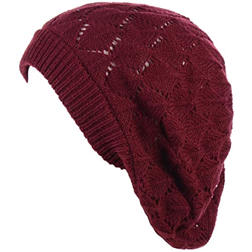 an Womens Lightweight Cut Out Knit Beanie Beret Cap Crochet Hat - Many Styles - color: 2681wine