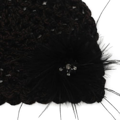 ZLYC Women Crochet Beanie Hat Summer Handmade Knit Decorated Skull Cap - color: Feather Black Mixed Brown Black
