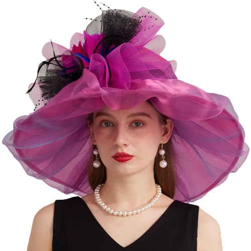 Kentucky Organza Derby Top Hats for Women Sun Visor Cap Ladies Flowers Bride Weeding Fascinators Wide Brim Fedoras - color: Rose