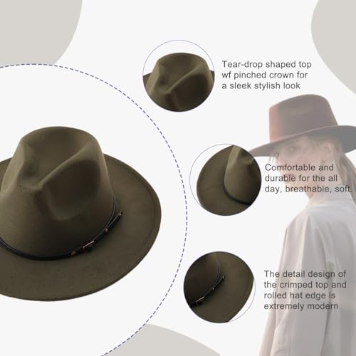 Unisex Womens Mens Adjustable Classic Wide Brim Belt Buckle Fedora Hat Felt Panama Hat Church Jazz Cap - color: Army Green, size: Medium-Large