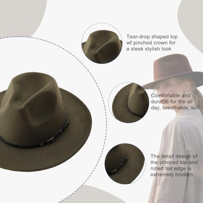 Unisex Womens Mens Adjustable Classic Wide Brim Belt Buckle Fedora Hat Felt Panama Hat Church Jazz Cap - color: Army Green, size: Medium-Large